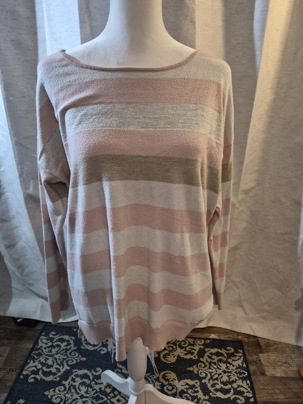 Calvin Klein Women’s Striped Knit Boat Neck Pullover Sweater M Pink Gray Beige